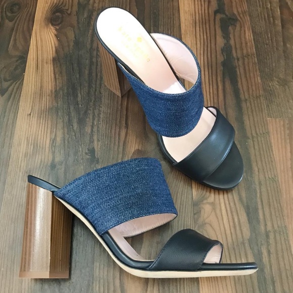 Kate Spade Denim & Wood Block Mule Heels Size 8.5 - Picture 2 of 6